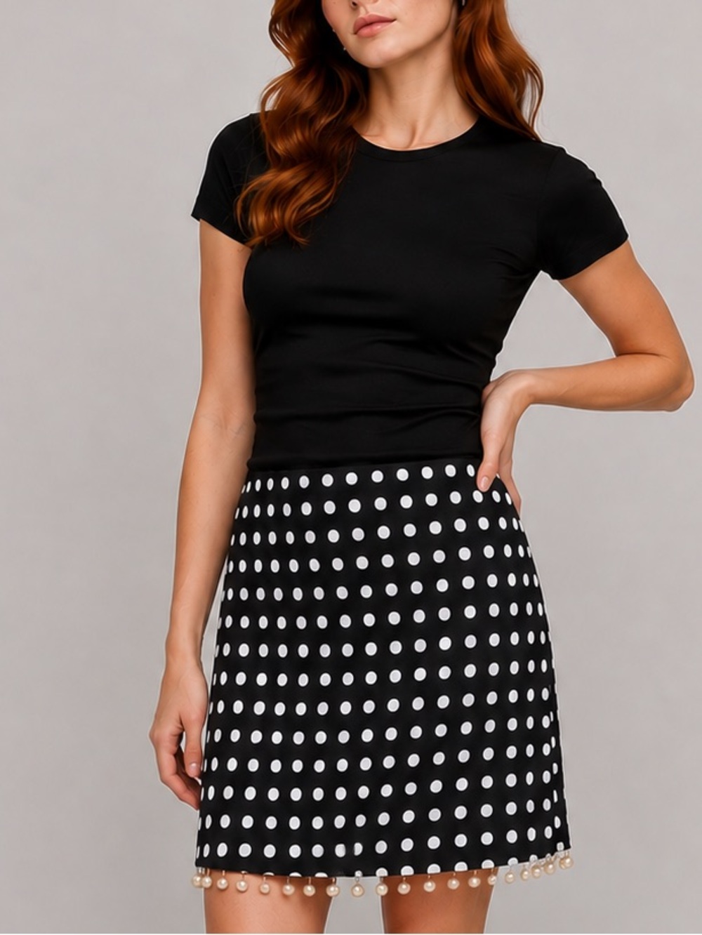 Black and White Polka Dot Pearl-Trim Skirt